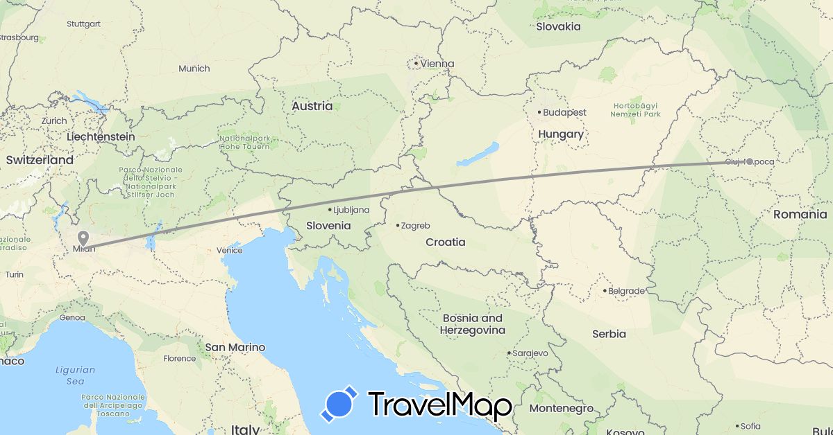 TravelMap itinerary: driving, plane in Italy, Romania (Europe)
